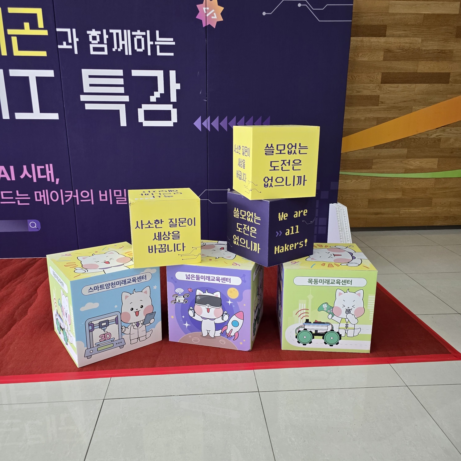 교육센터 주제별로 귀여운 고양이 캐릭터와 문구가 인쇄된 큐브 6개. 노란색·보라색·녹색 등 다양한 색상으로 쌓여 있고, 빨간 카펫 위에 배치됨.