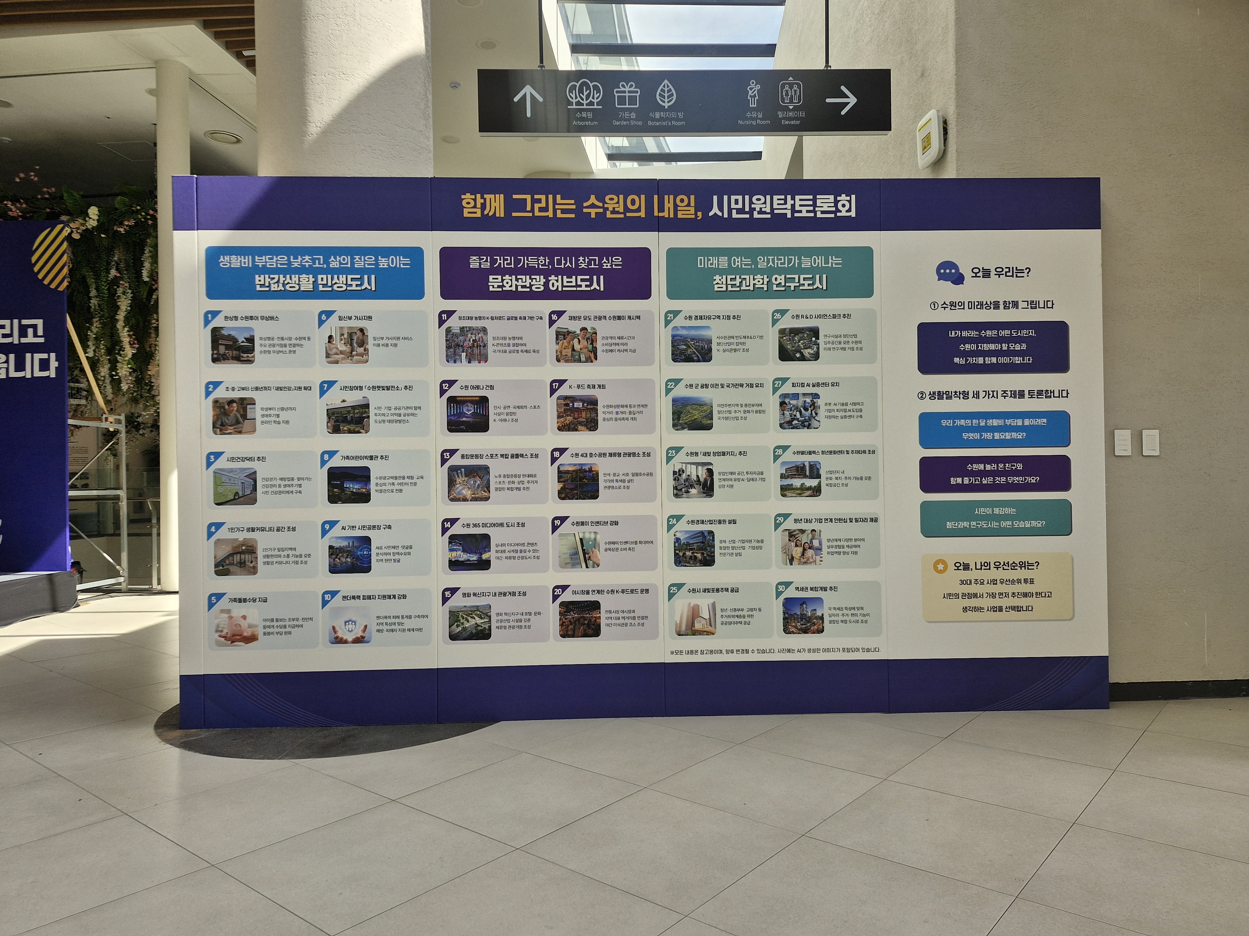 보라색 바탕에 '함께 그리는 수원의 내일, 시민원탁토론회' 제목과 다수의 사진·텍스트가 배치된 대형 전시 패널. 3개 컬럼으로 나뉜 안내문과 우측 보라·청록·회색 버튼형 텍스트 박스가 보임.